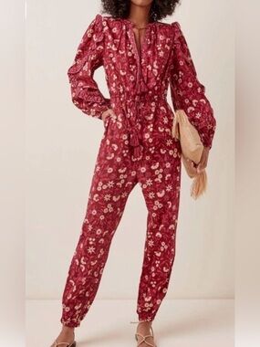 Ulla Johnson Delphine Floral Print LongSleeve Cotton Jumpsuit In Burgundy Size 6